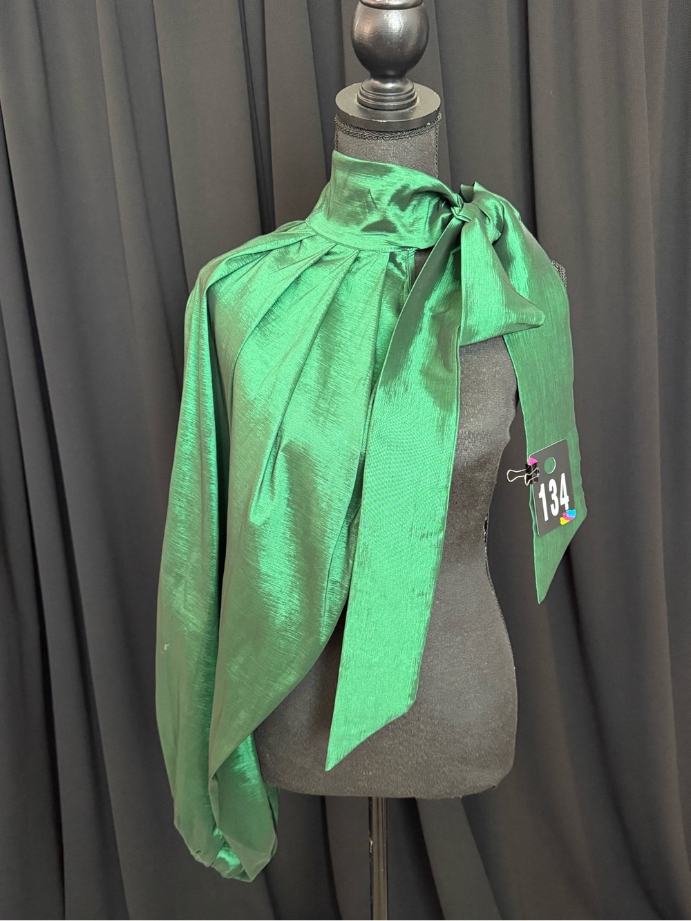 Green Satin Tie-Neck Blouse